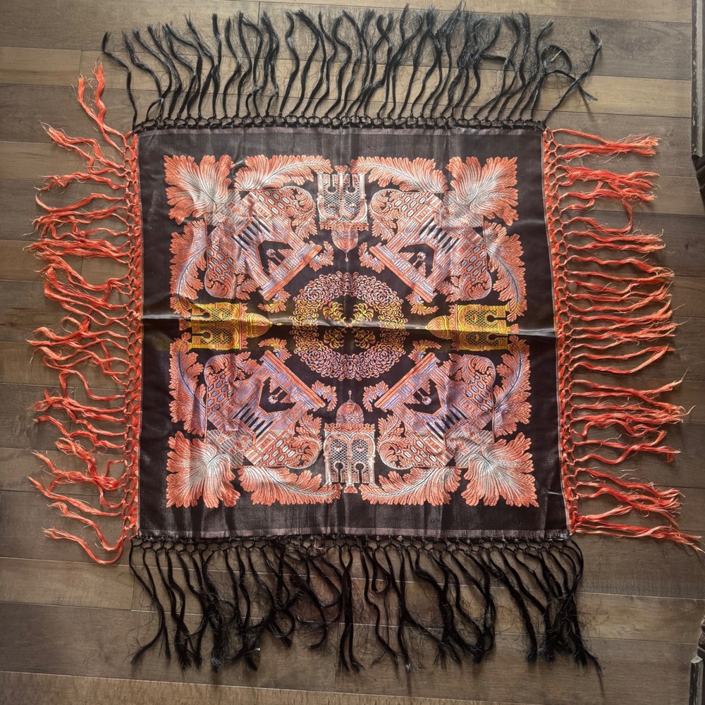 Vintage Turkish Architectural Square Black Scarf Copper Gold Fringe Boho 33"